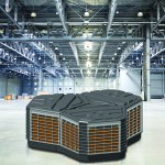 empty room of modern storehouse with forklift truck loader on a foreground and office rooms